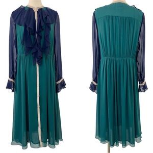 Boden Icons Winifred Silk Ruffle Shirt Dress Midi Green Navy Blue | US 12